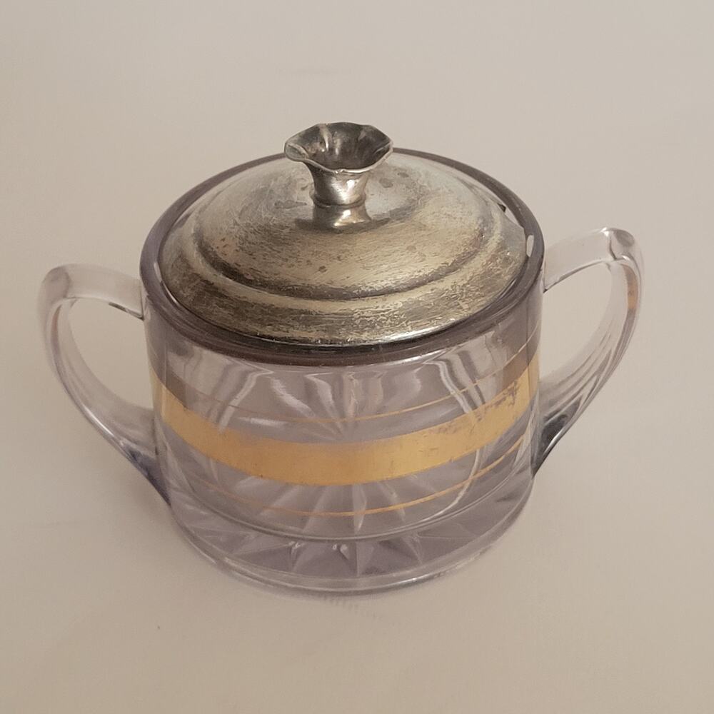 Antique Vtg Cut Glass Covered Sugar Bowl Sterling Silver Lid Gold Accent Trim